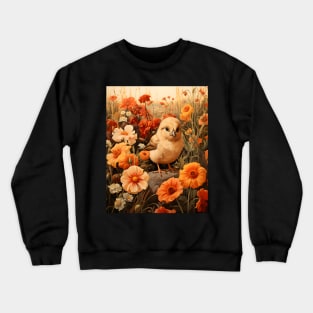 Retro Vintage Art Style Baby Chick in Field of Wild Flowers - Whimsical Farm Crewneck Sweatshirt